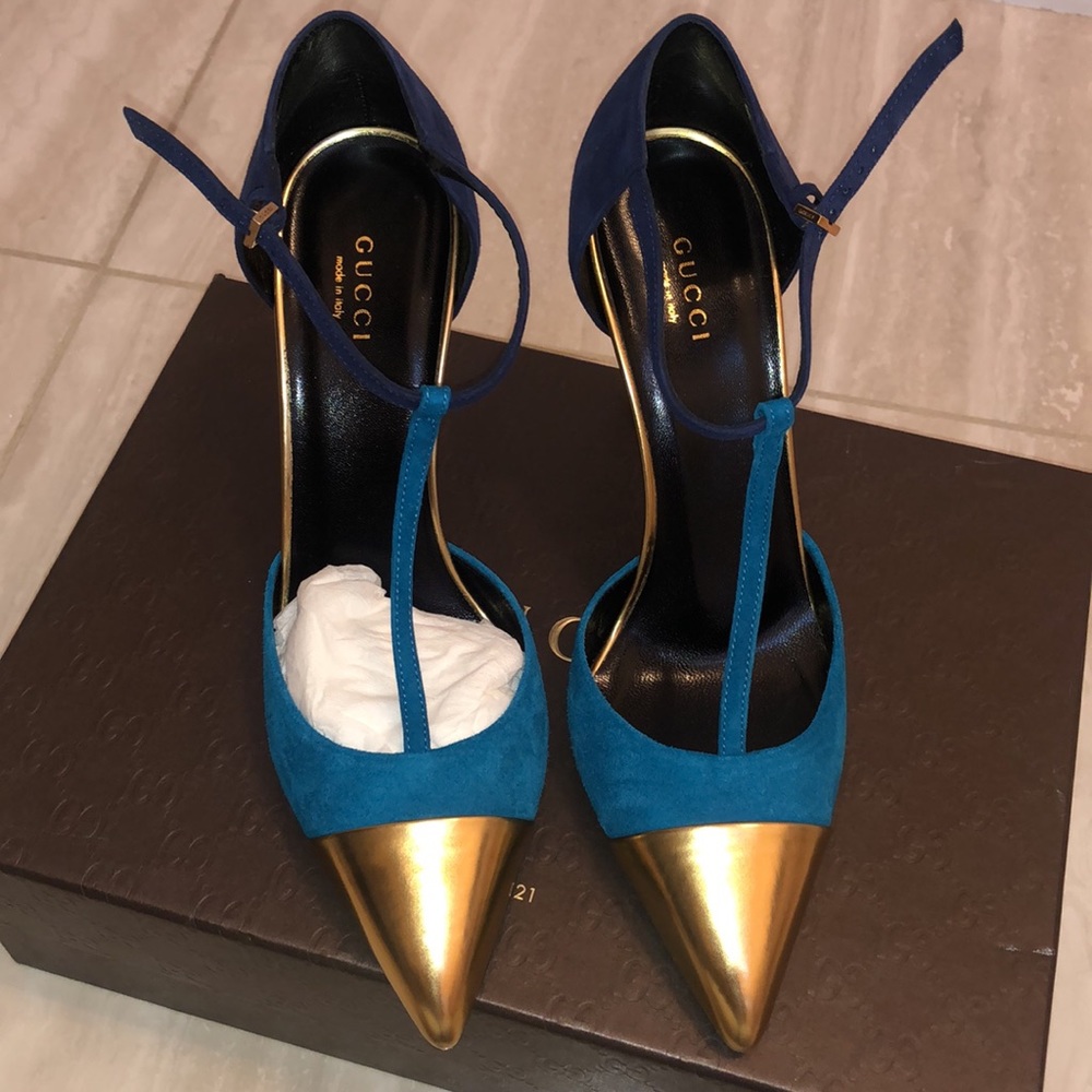 New Gucci Suede T-Strap Color-block Pump size 38